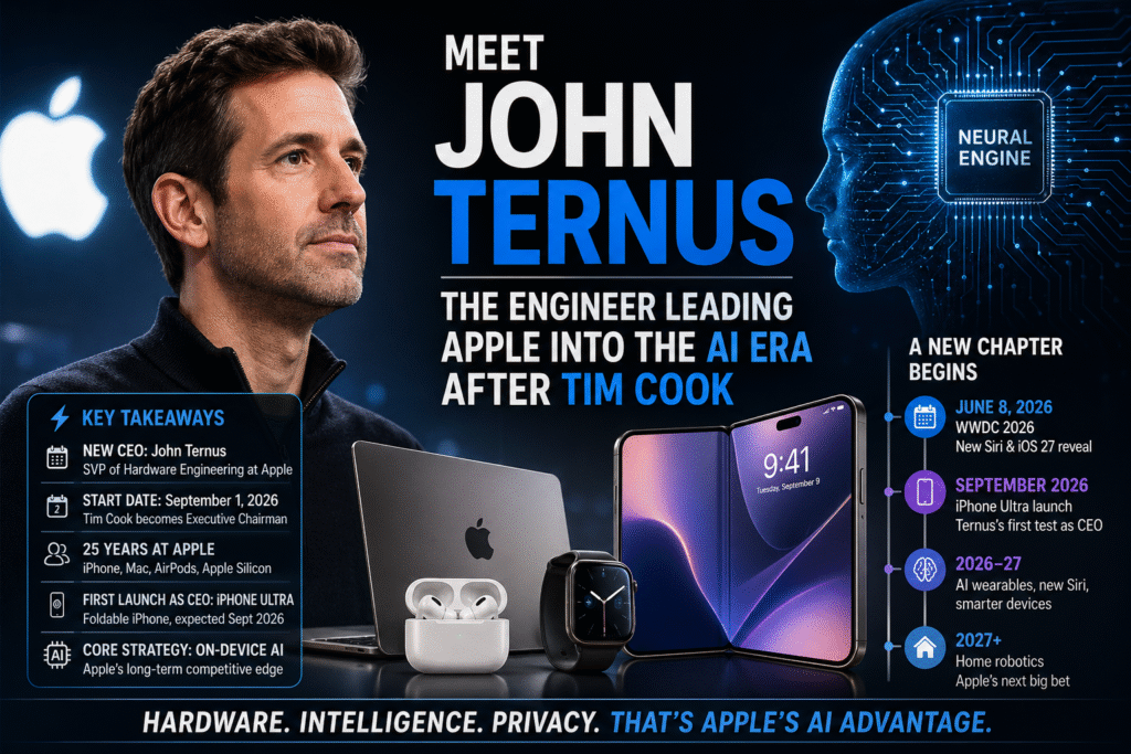 John Ternus Apple CEO announcement thumbnail showing Apple devices and AI neural engine concept for Apple AI strategy 2026
