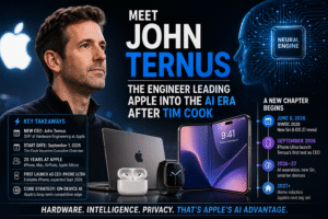 John Ternus Apple CEO announcement thumbnail showing Apple devices and AI neural engine concept for Apple AI strategy 2026