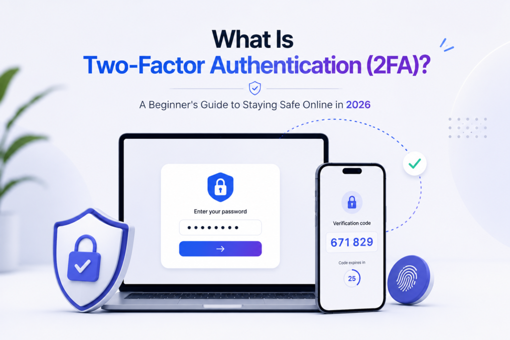 Minimalist illustration of two-factor authentication showing a smartphone security code and a secure login verification process.