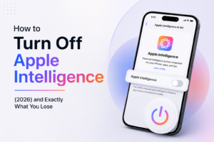Minimalist illustration showing how to turn off Apple Intelligence on an iPhone with Apple Intelligence & Siri settings in iOS 26.